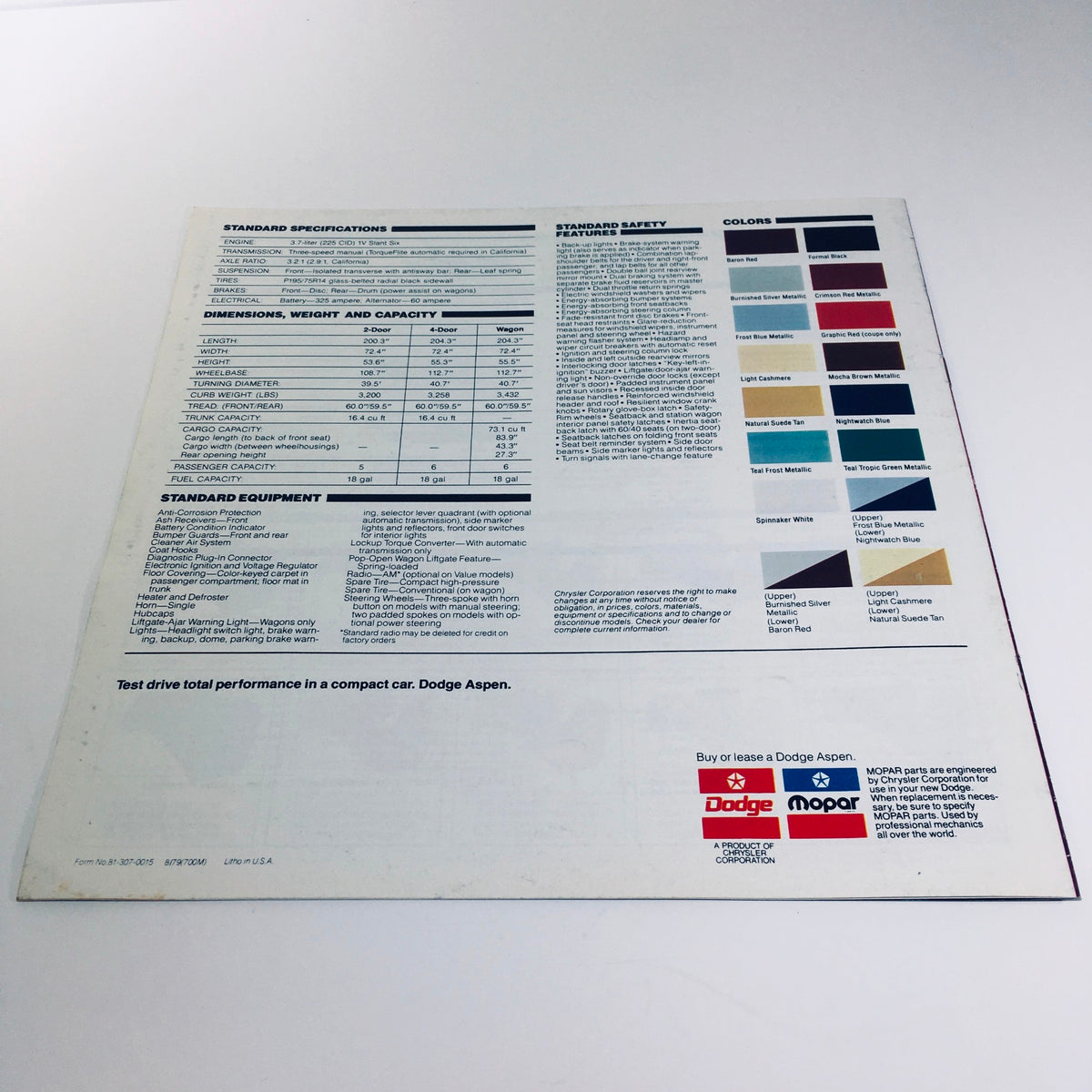Back cover of the 1980 Dodge Aspen Coupe Optional T-Bar Roof brochure, displaying standard specifications, safety information, and available colors for the compact car.