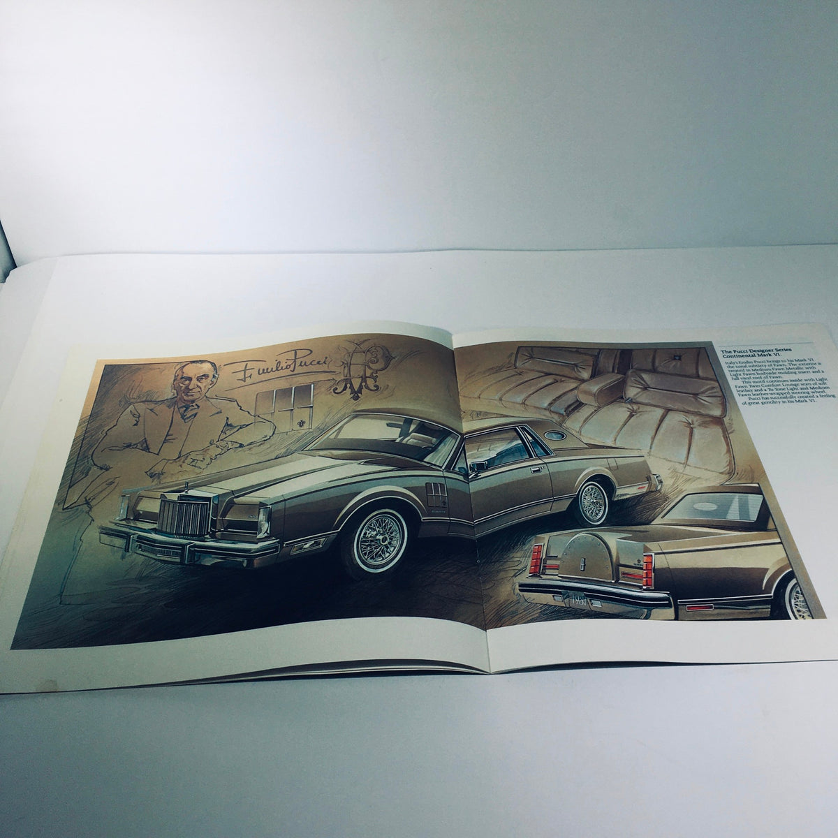 Interior page of the 1981 Continental Mark VI Signature Series brochure featuring an artistic rendering of the car alongside a signature from the designer.
