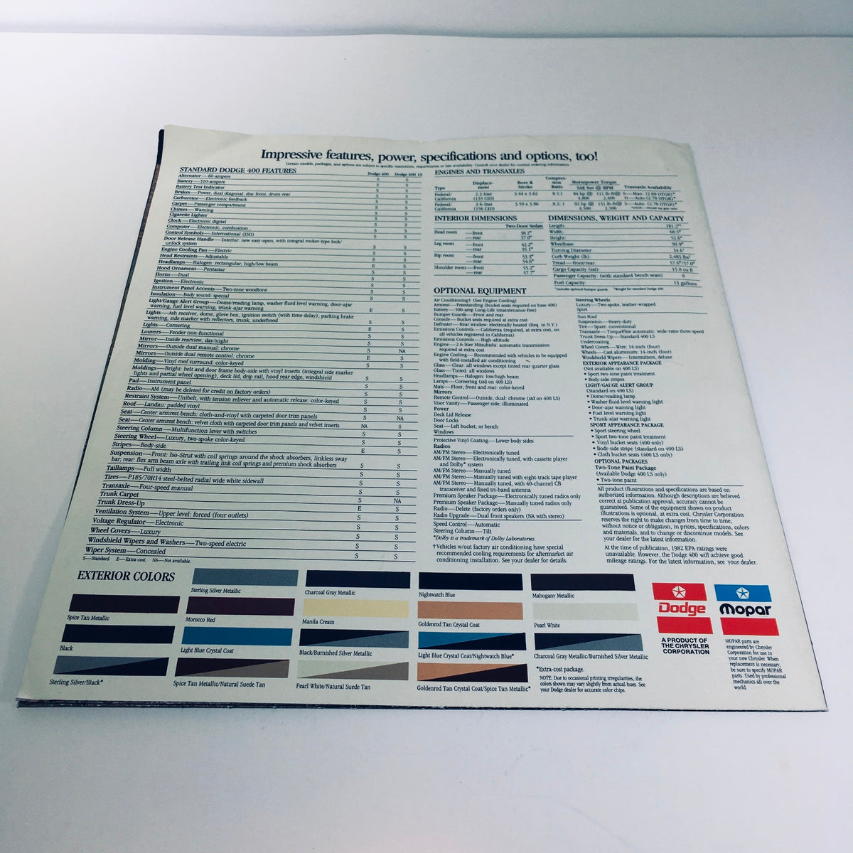 Back cover of the 1982 Dodge 400 brochure featuring detailed specifications, optional equipment, and a color chart for the vehicle.