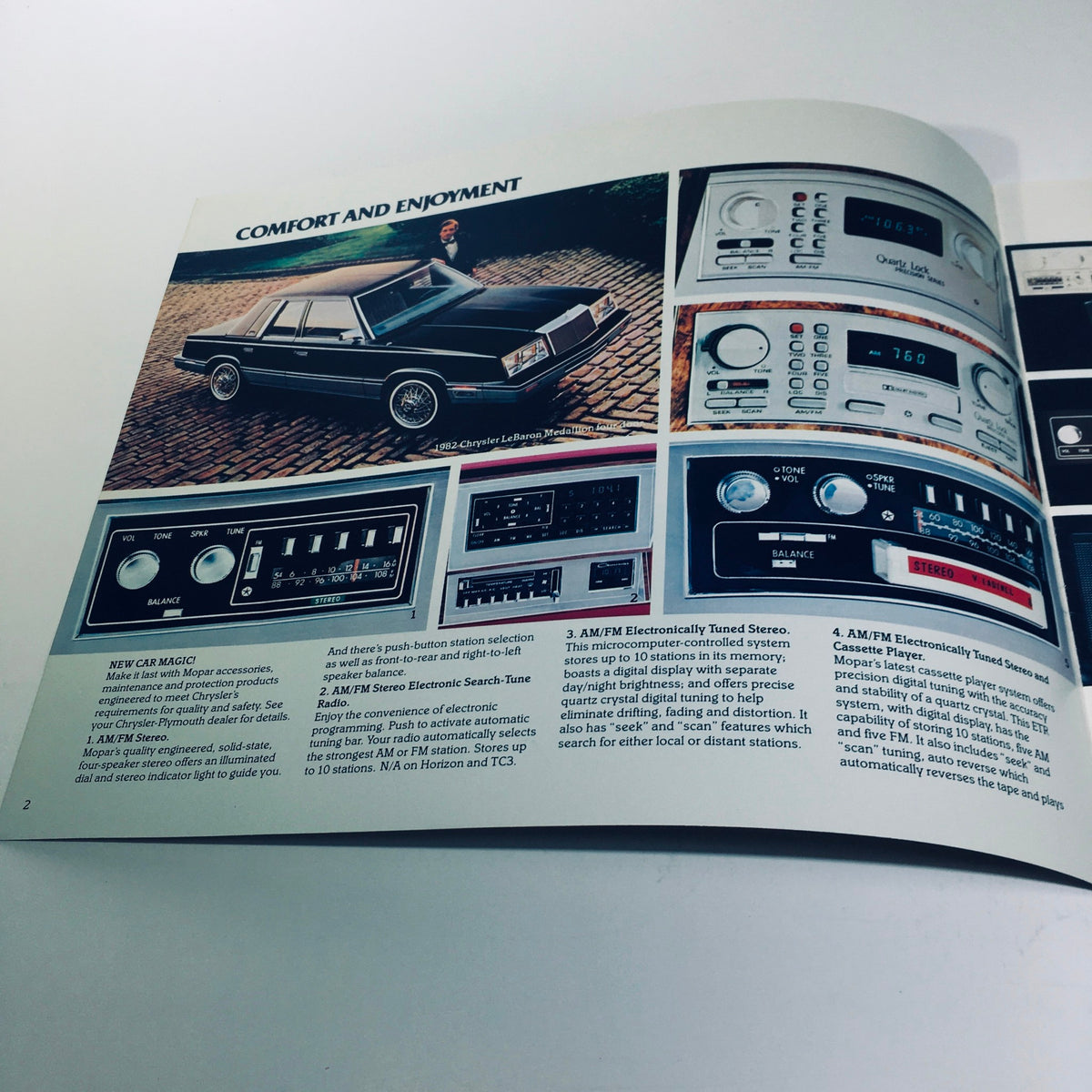 1982 Chrysler-Plymouth Arrow Sport and Import Accessories Car Sale Brochure page featuring car audio equipment and interior features.