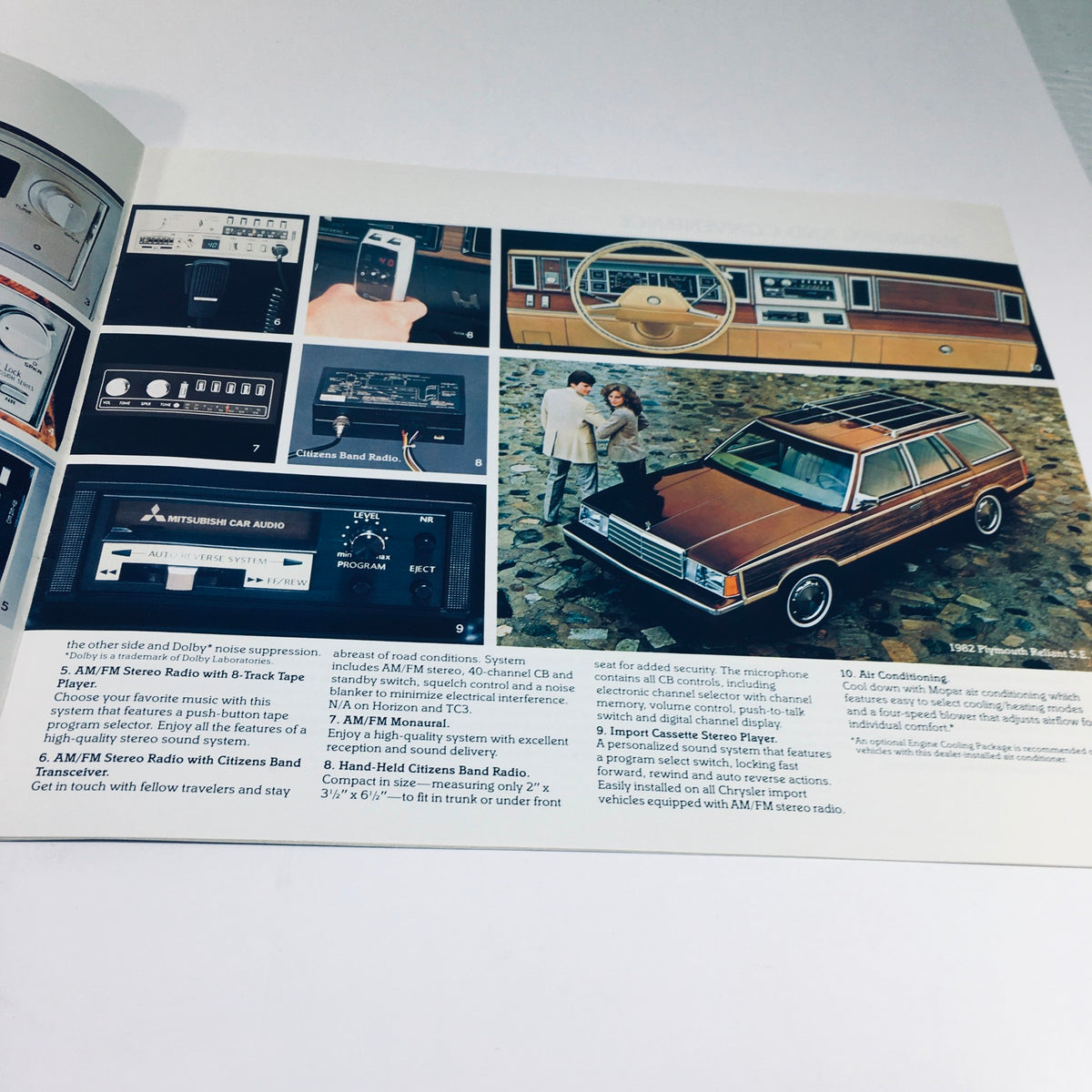 1982 Chrysler-Plymouth Arrow Sport and Import Accessories Car Sale Brochure highlighting additional audio equipment and vehicle interior details.