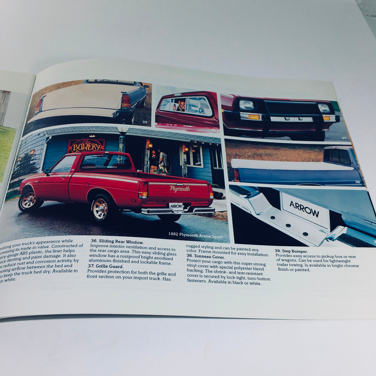 Collage from the 1982 Chrysler-Plymouth Arrow Sport and Import Accessories Car Sale Brochure showcasing various vehicle features and designs.