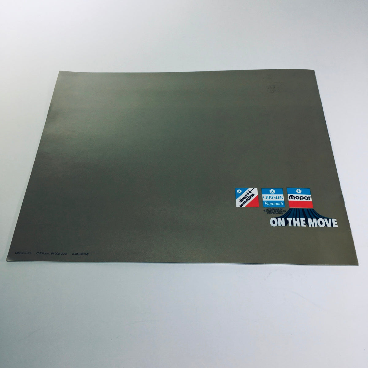 Back cover of the 1982 Chrysler-Plymouth Arrow Sport and Import Accessories Car Sale Brochure featuring logos and a clean design.