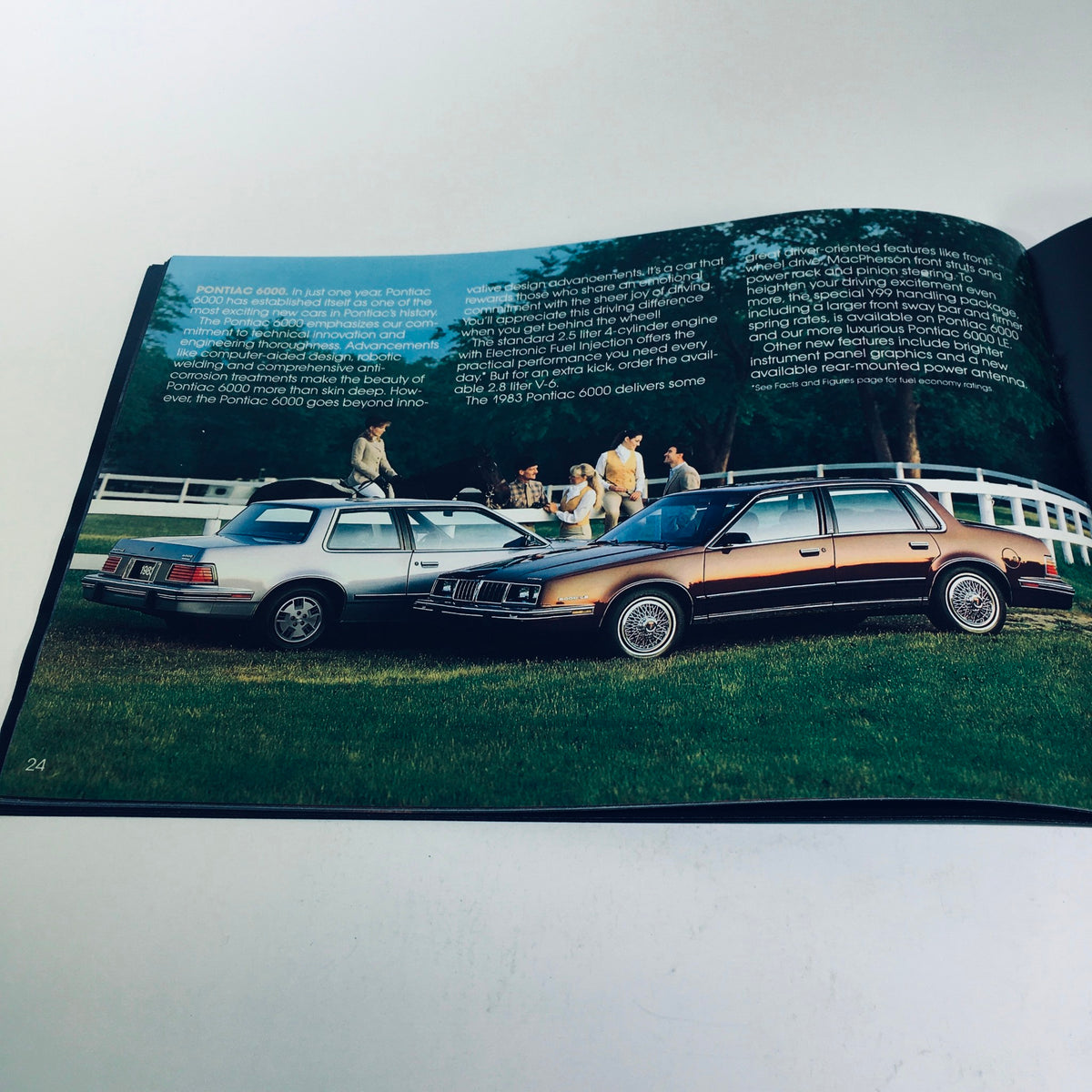 Group of Pontiac 6000 cars displayed outdoors in the 1983 Pontiac 6000 brochure highlighting its design and features.