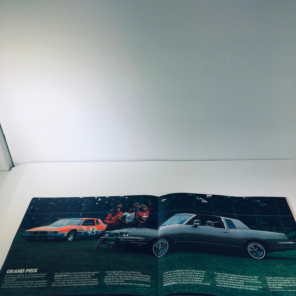 1983 Pontiac 2000 5.8 Liter V-8 Engine Grand Prix Car Sale Brochure featuring the Grand Prix models with accompanying images and descriptions of car performance.