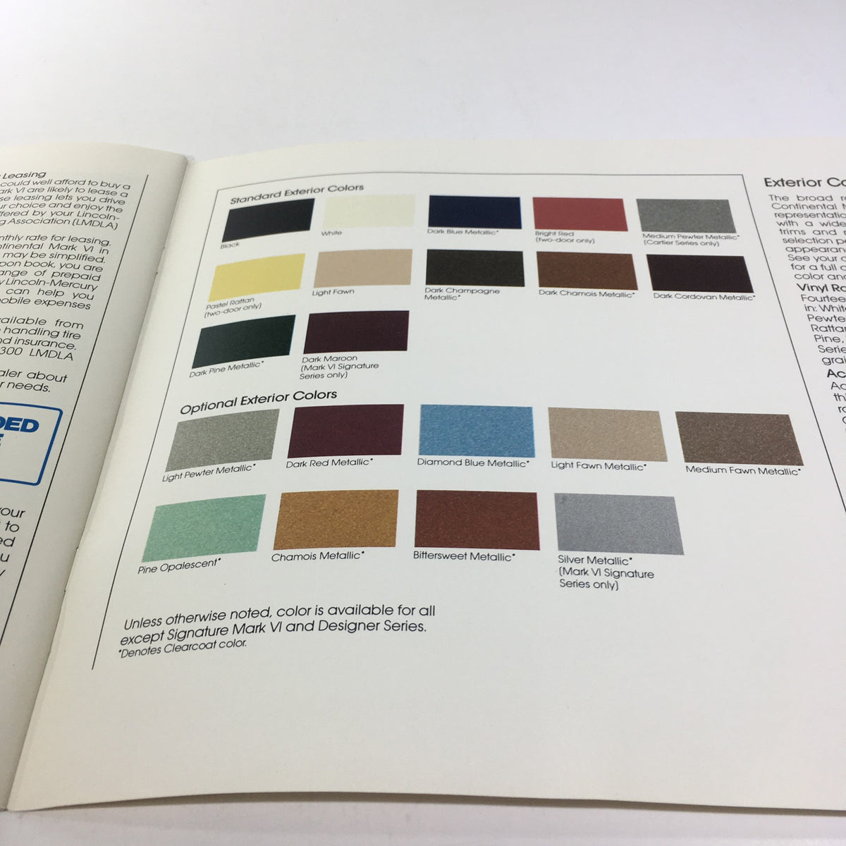 Color options page from the 1980 Pucci Designer Continental Series Mark VI Car Sale Brochure, displaying standard and optional exterior colors.