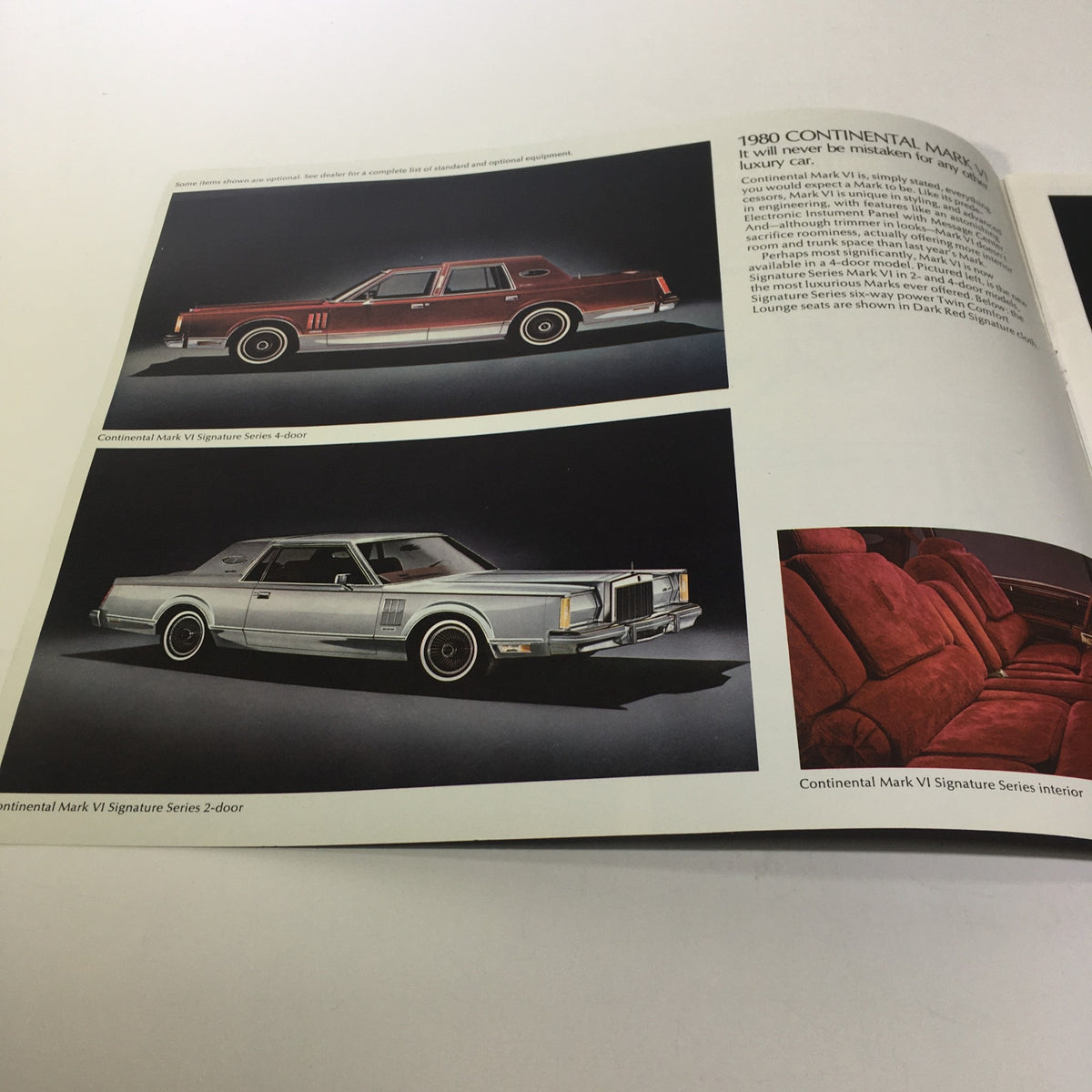 Interior pages of the 1980 Lincoln-Mercury Collection Lincoln Continental Town Coupe Car Sale Brochure showcasing the Continental Mark V in two-door and four-door designs.