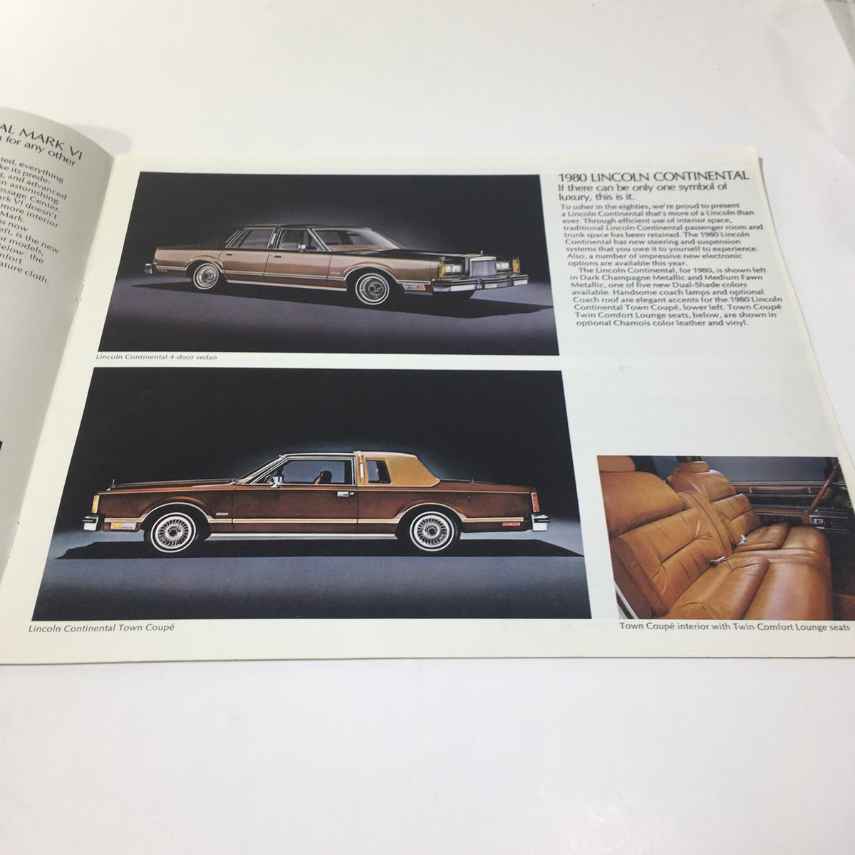 Detailed page in the 1980 Lincoln-Mercury Collection Lincoln Continental Town Coupe Car Sale Brochure highlighting the Lincoln Continental Town Coupe with luxurious interior options.