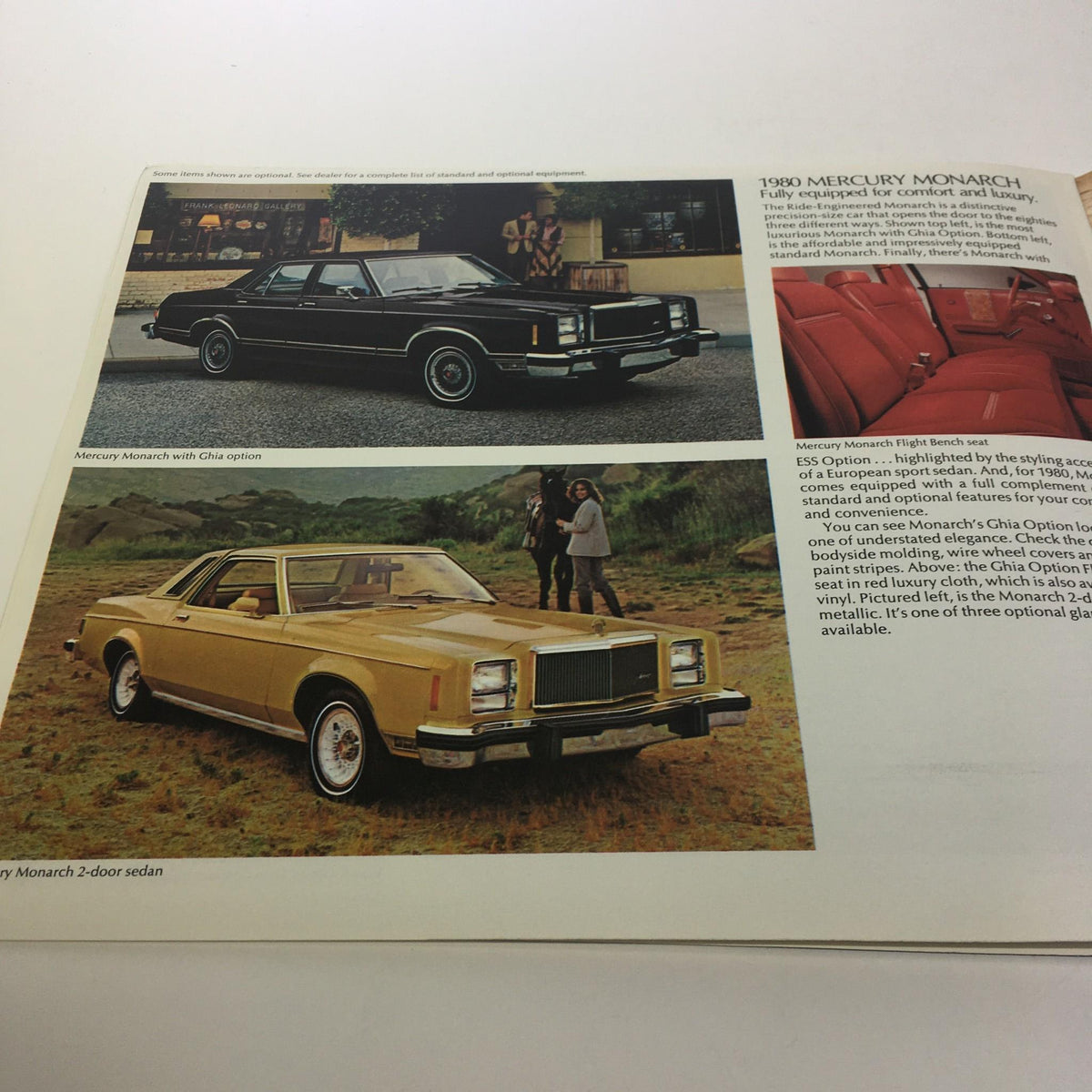Visuals from the 1980 Lincoln-Mercury Collection Lincoln Continental Town Coupe Car Sale Brochure featuring the Mercury Monarch and its elegant interior.