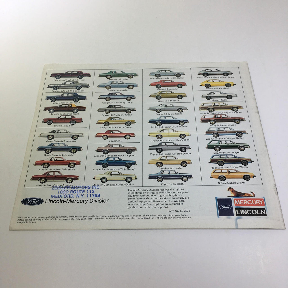 Back page of the 1980 Lincoln-Mercury Collection Lincoln Continental Town Coupe Car Sale Brochure displaying a lineup of various Lincoln and Mercury models.