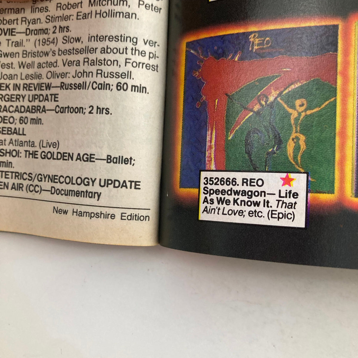 Inside page of TV Guide Magazine July 4 1987 showcasing a music listing for REO Speedwagon's 'Life As We Know It', part of the New Hampshire edition.