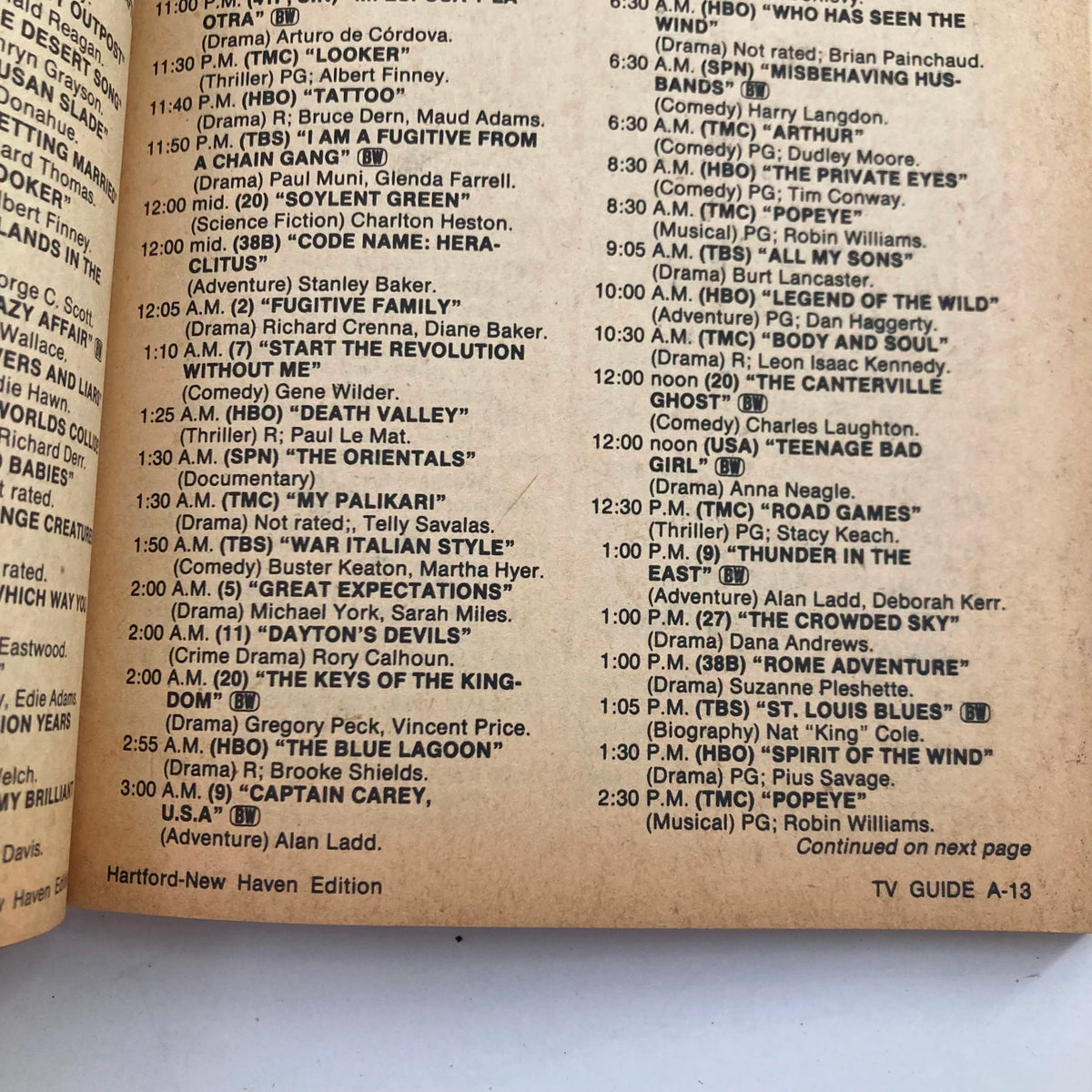 Interior page of TV Guide Magazine October 9 1982, showcasing the schedule of TV programs for Hartford-New Haven area, with detailed listings for various shows.