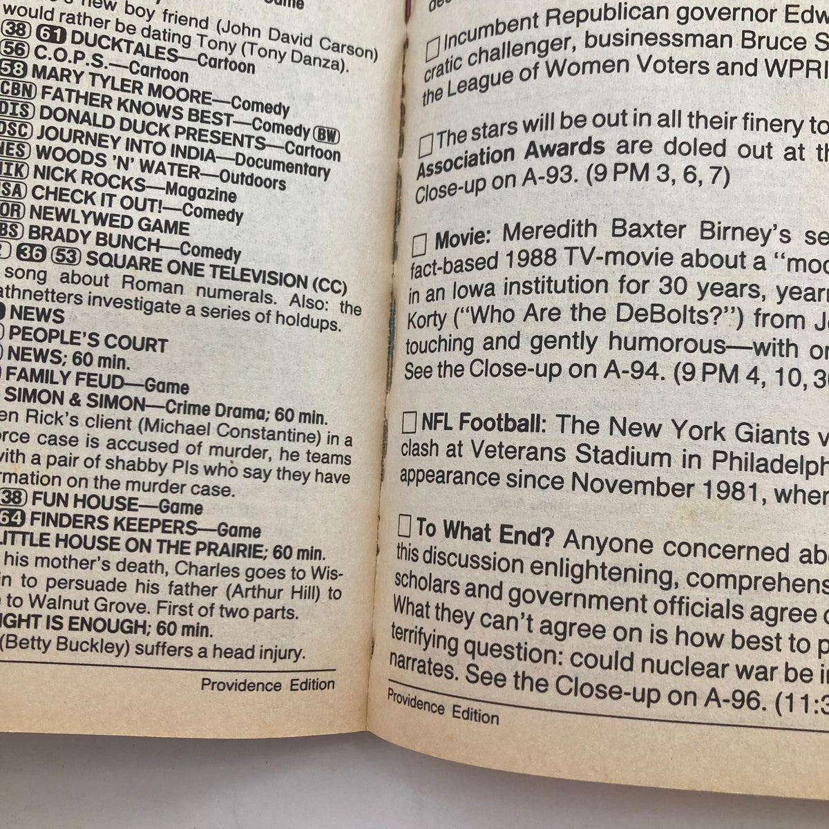 Interior page of the TV Guide Magazine from October 8, 1988. This page includes listings of various TV shows and a brief description of a movie starring Meredith Baxter Birney. The magazine highlights entertainment options available during the week.