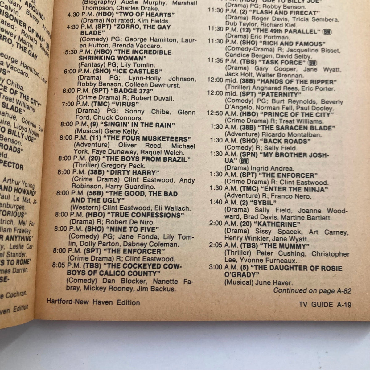 Inside page of TV Guide Magazine November 13, 1982, listing TV programs for Hartford-New Haven edition with various movies and shows scheduled, complementing the magazine's Civil War theme.