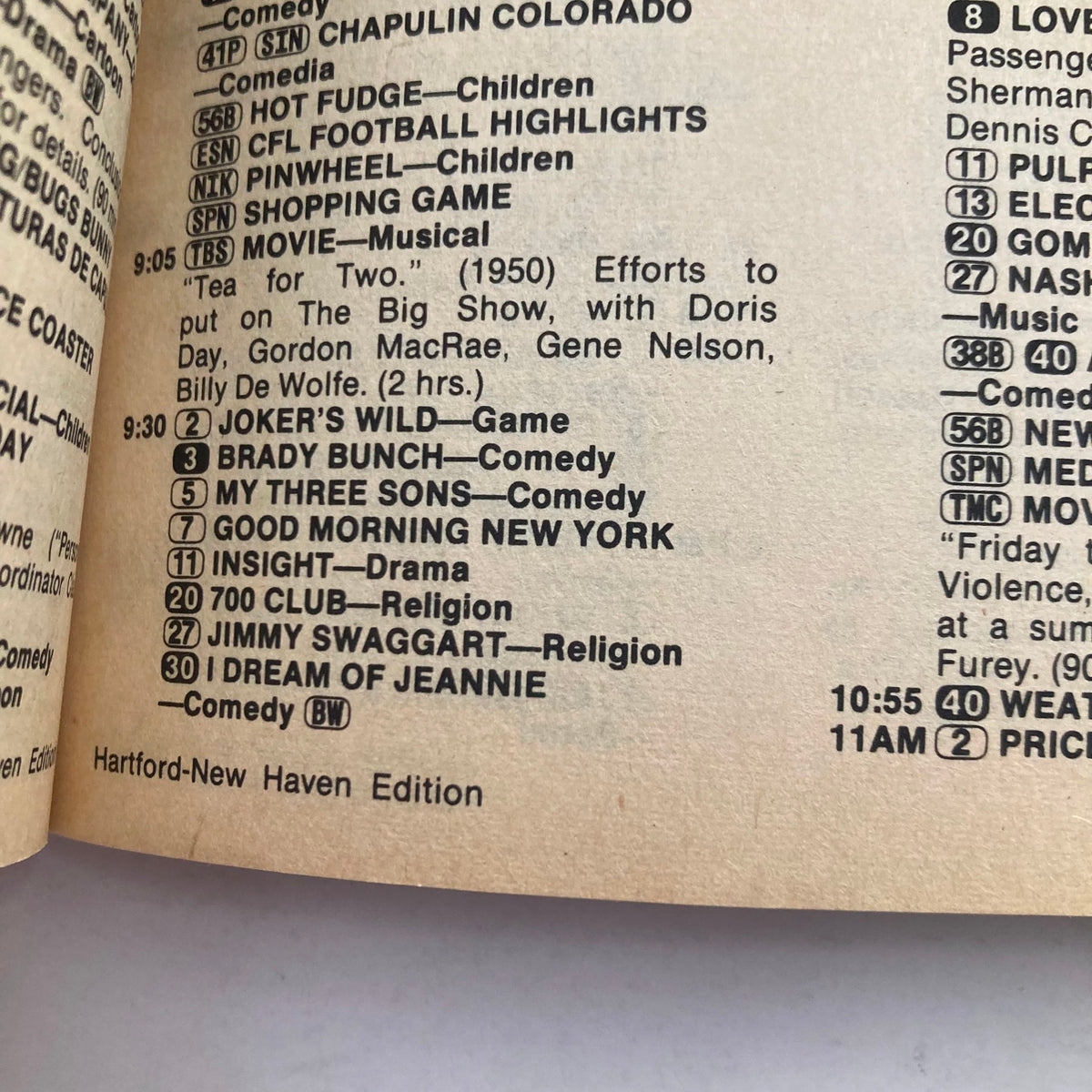 Inside page of TV Guide Magazine August 7 1982, Hartford-New Haven Edition, showcasing the television programming schedule including 'The Brady Bunch' and 'I Dream of Jeannie'.