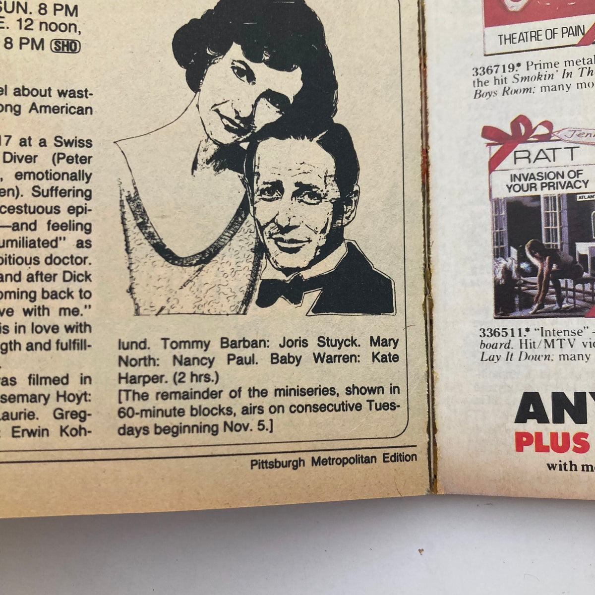 Inside page of the Pittsburgh Metropolitan Edition of TV Guide Magazine from October 26, 1985, featuring a mini-series synopsis and illustrations of characters.