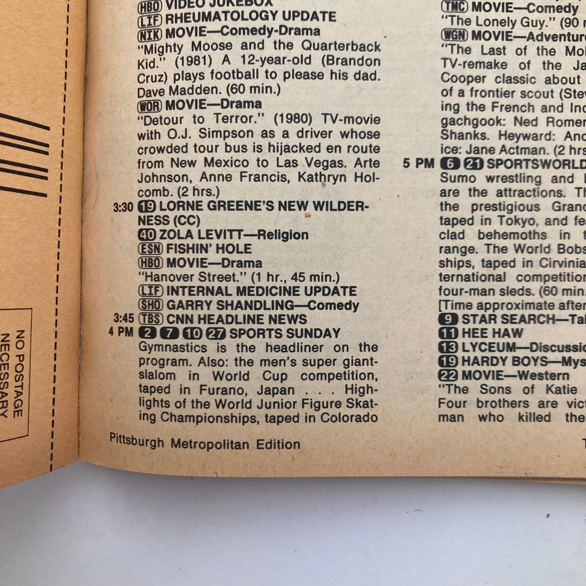 TV Guide Magazine March 2 1985 featuring a listing of various TV shows including 'Lorne Greene's New Wilderness', 'Garry Shandling', and 'Sports Sunday'. The magazine is from the Pittsburgh Metropolitan Edition and includes program details and time slots for HBO, TBS, and CNN.