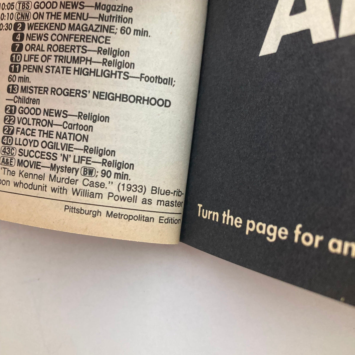 Interior page of TV Guide Magazine September 21, 1985, displaying program listings including 'Mister Rogers' Neighborhood' and 'Voltron'.