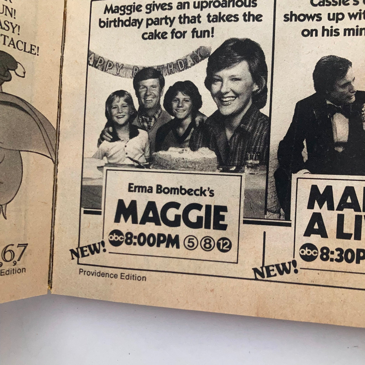 Inside page of the TV Guide Magazine November 14, 1981, featuring a listing for 'Erma Bombeck's Maggie' at 8:00 PM and 'Make a Lifeguard' at 8:30 PM, showcasing local programming details of the Providence Edition.