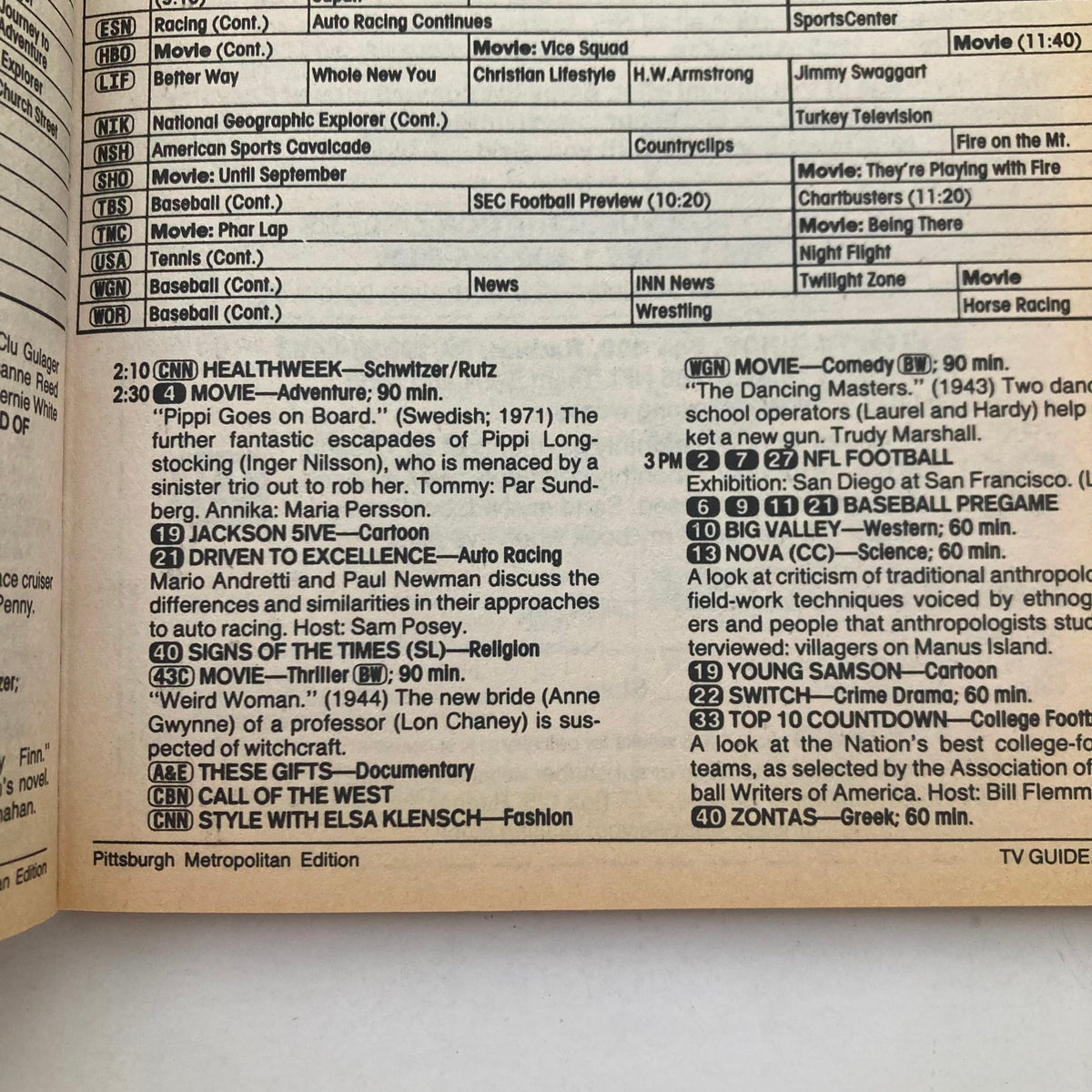 Interior page of the TV Guide Magazine from August 24, 1985, displaying the TV schedule and programming details for Pittsburgh Metro Edition, showcasing various shows and movies airing during that week.
