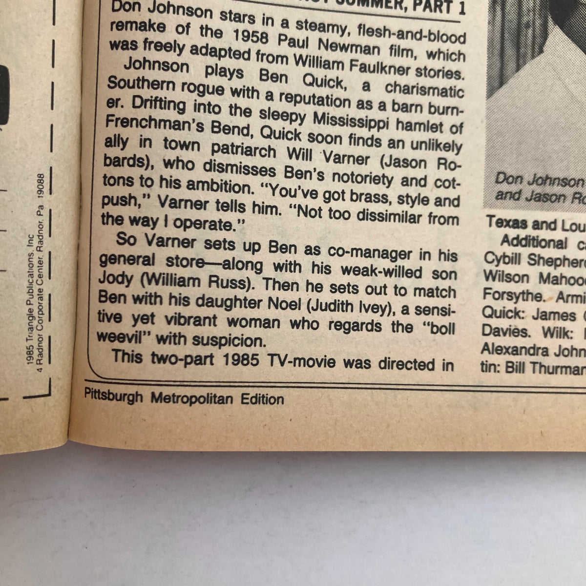 Inside page of TV Guide Magazine October 5, 1985, detailing the plot of 'The Long Hot Summer' starring Don Johnson, with a focus on character descriptions and the TV movie's context.