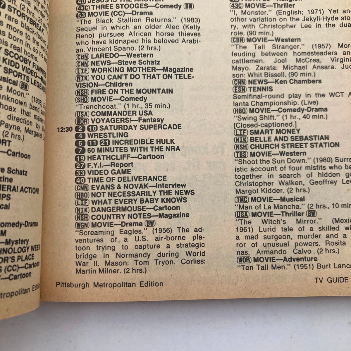 TV Guide Magazine April 27 1985 featuring listings including The Incredible Hulk, wrestling, and classic movies. The page highlights various shows and movie titles from the Pittsburgh Metropolitan Edition, showcasing the entertainment options available at that time.