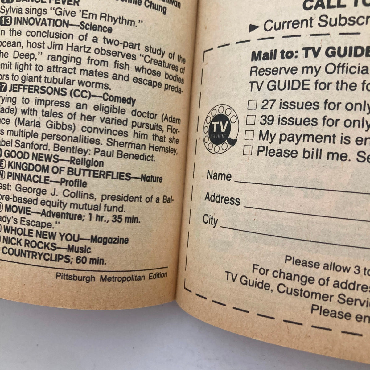 Inside page of TV Guide Magazine August 17 1985, Pittsburgh Metropolitan Edition, displaying subscription information and listings for various TV shows.