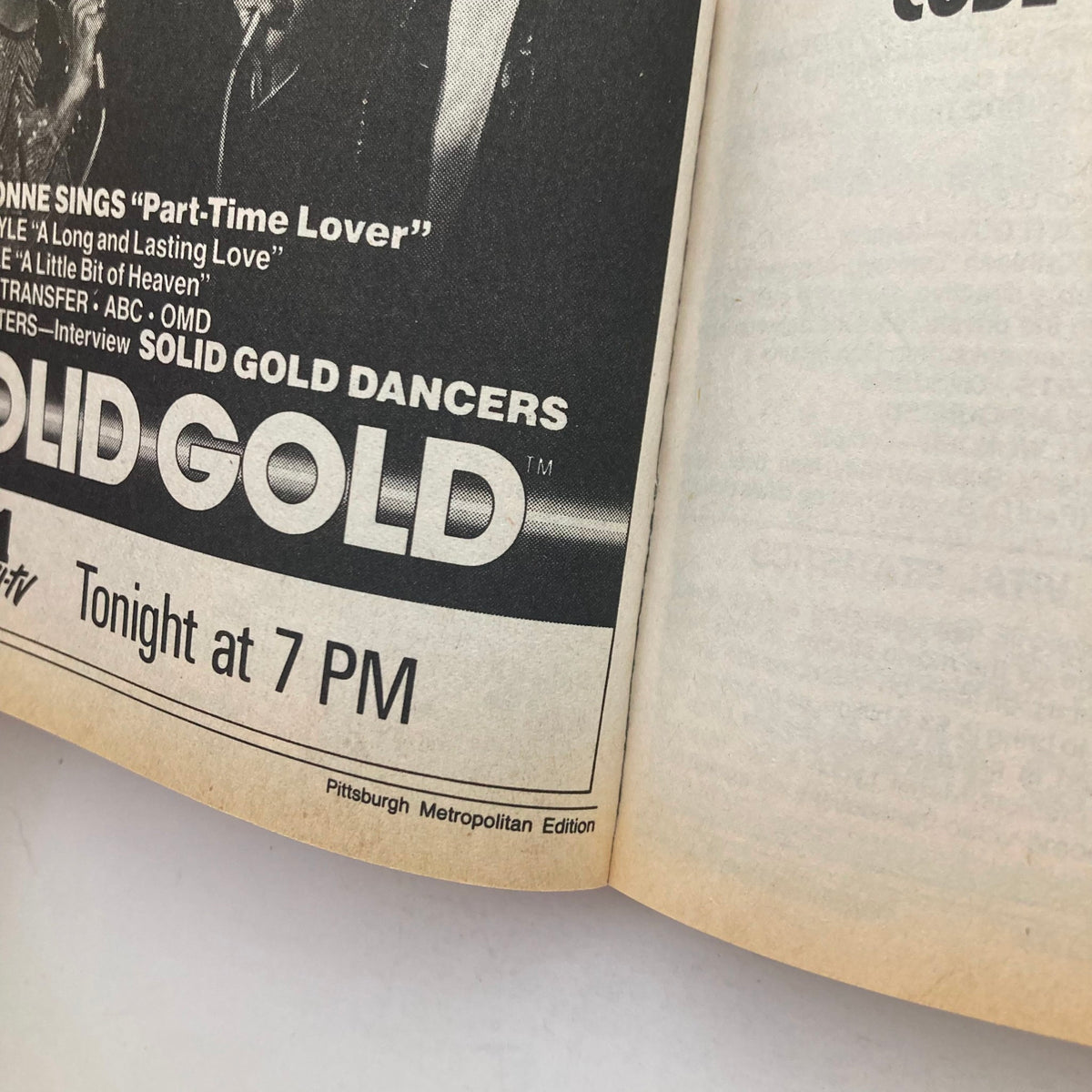 Interior page of TV Guide Magazine October 12, 1985 with a listing for the show 'Solid Gold,' Pittsburgh Metropolitan Edition.