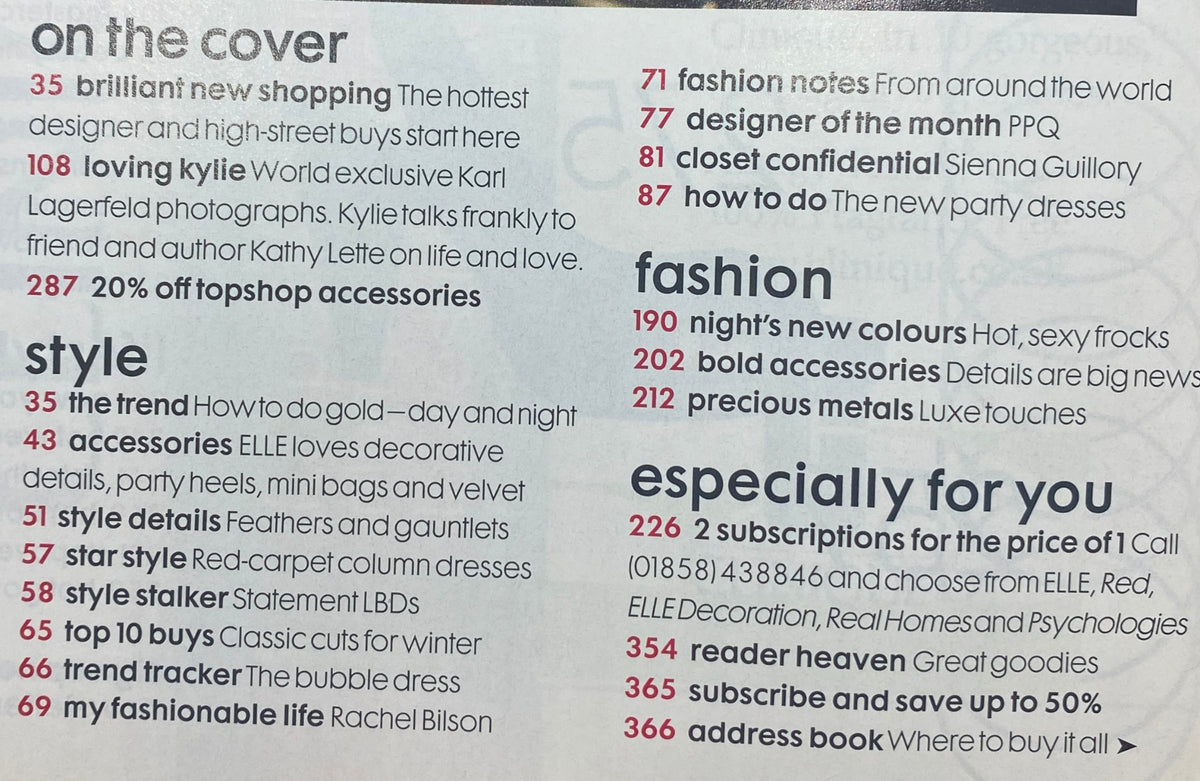 Elle UK Magazine December 2006 featuring Kylie Minogue on the cover, showcasing fashion articles and seasonal style trends.