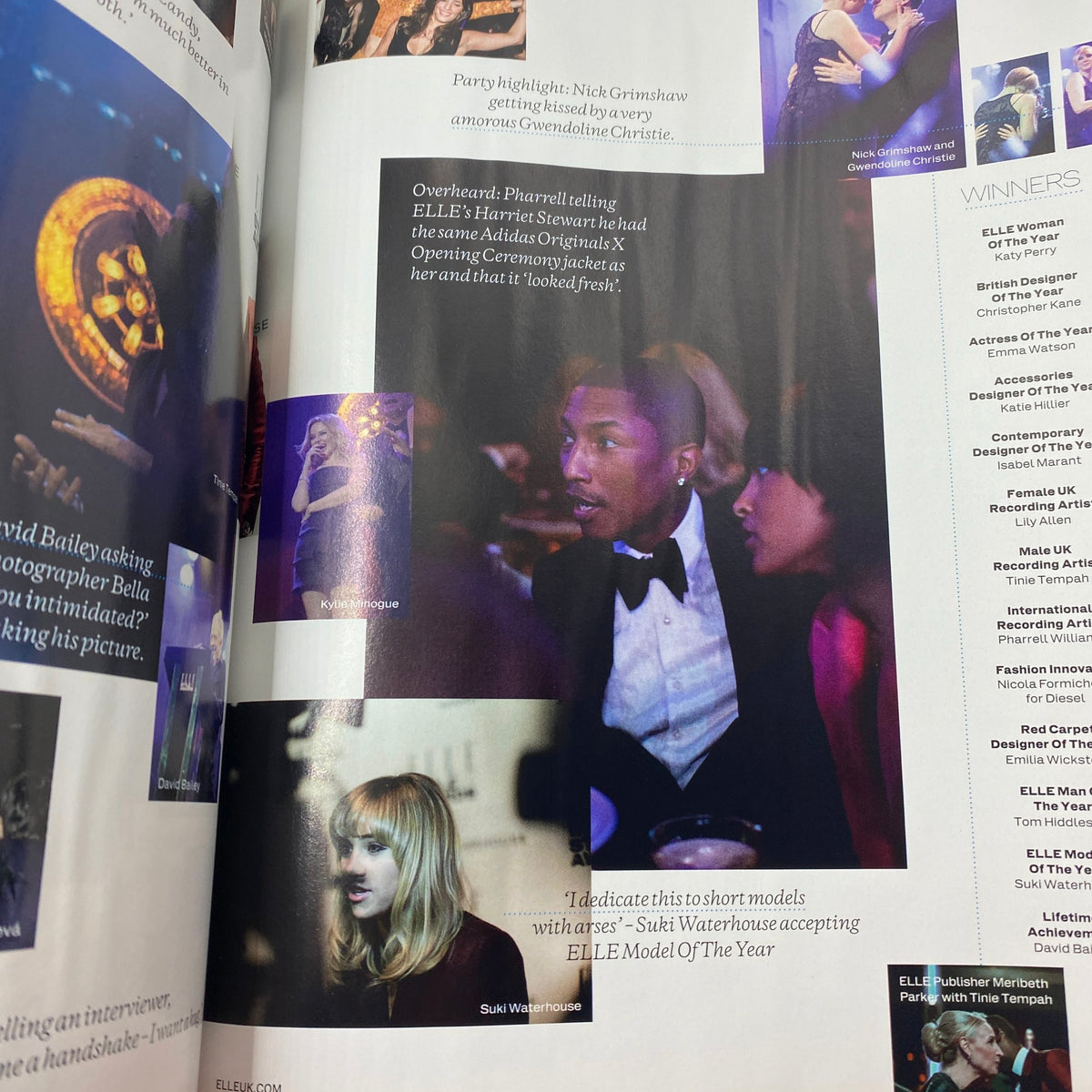 Elle UK Magazine April 2014 featuring a party highlight with Nick Grimshaw and Suki Waterhouse accepting the ELLE Model of the Year award, showcasing influential moments in fashion.