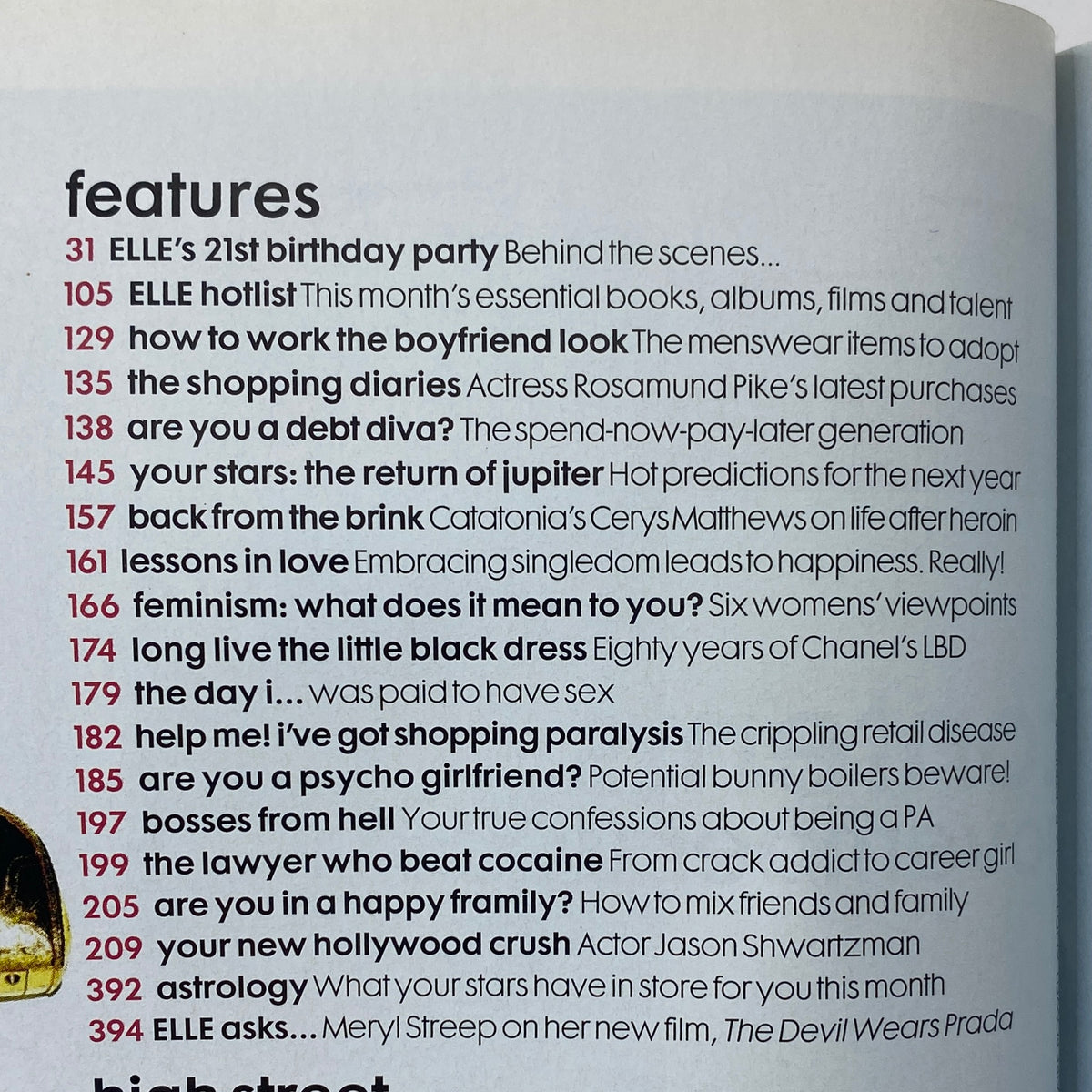 Inside page of Elle UK Magazine November 2006 listing articles including 'LESSONS IN LOVE' and 'ELLE's 21st birthday party' highlights.