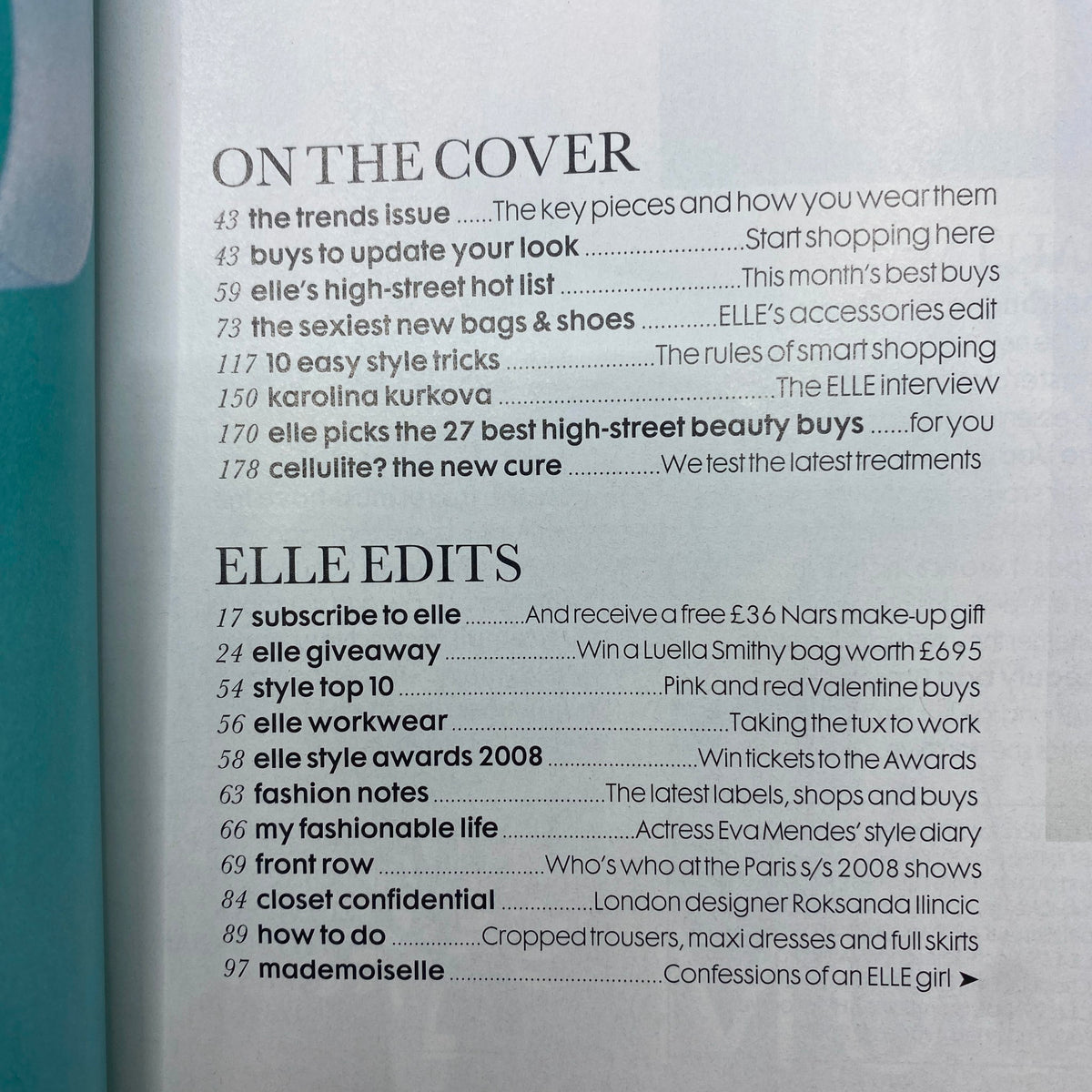 Elle UK Magazine February 2008 contents page listing key articles and features, including a dedicated section on styling tips and fashion trends.