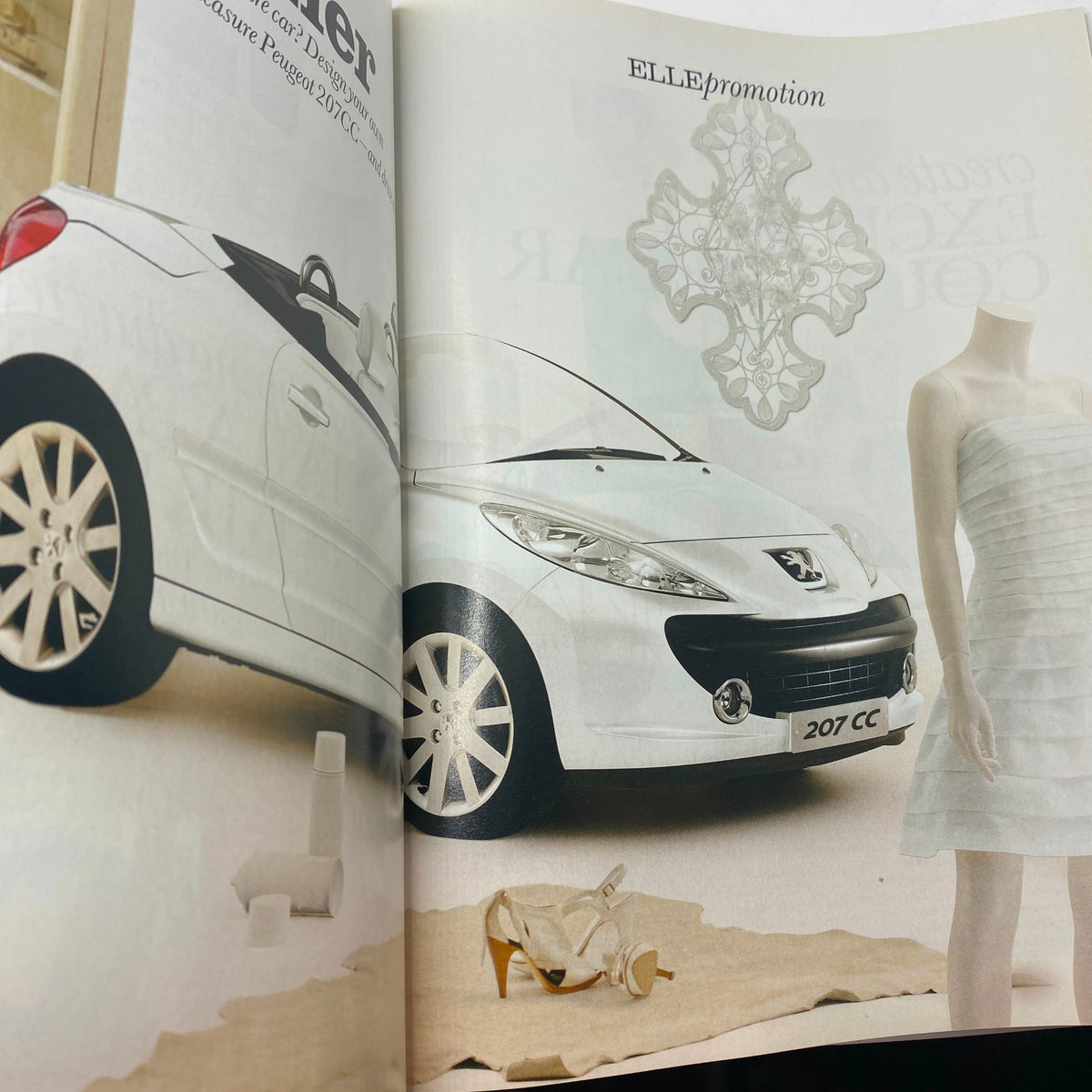 Advertisement page from Elle UK Magazine February 2008 showcasing a promotional feature for Peugeot 207 CC amidst stylish fashion imagery.