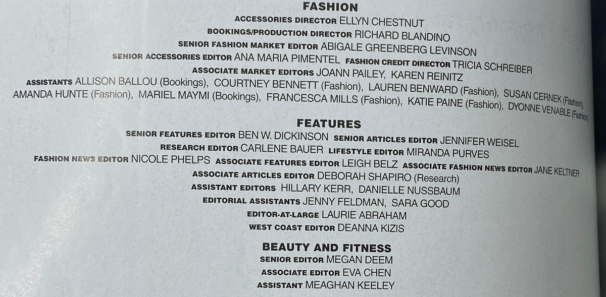 Inside page of Elle Magazine August 2004 displaying contributions from notable fashion directors and editors, including Ellyn Chestnut and Abigale Greenberg Levinson.