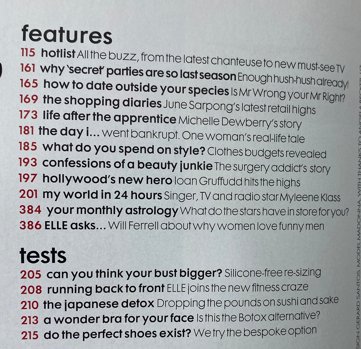 Contents page of Elle UK Magazine April 2007, featuring articles on fashion, lifestyle, and pop culture insights.