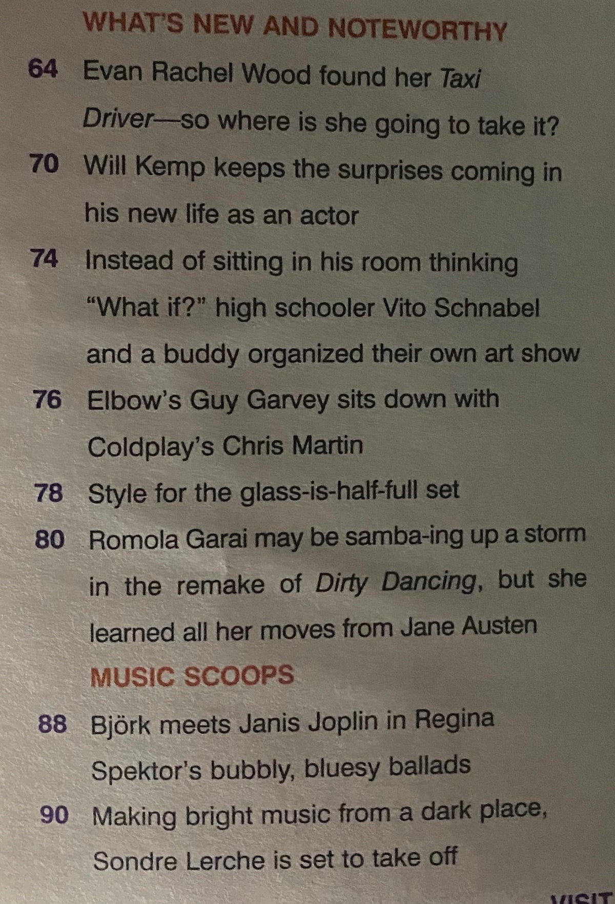 Inside page of Interview Magazine March 2004, highlighting notable articles including an exploration of Evan Rachel Wood's journey after Taxi Driver and interviews, including Elbow's Guy Garvey with Coldplay's Chris Martin.