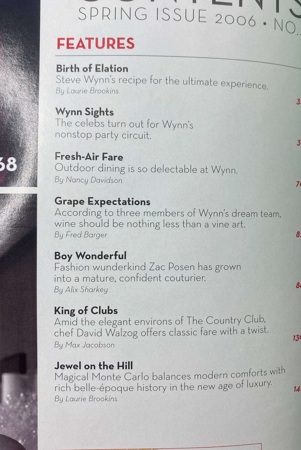Wynn Magazine Spring 2006 interior page highlighting featured articles including 'Birth of Elation' and 'Boy Wonderful'.