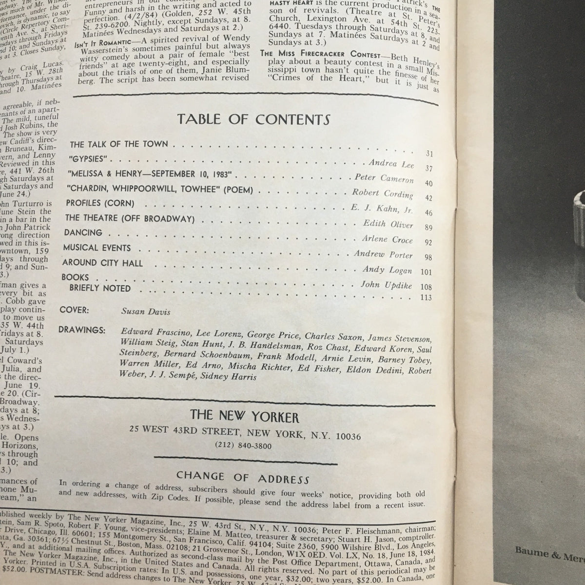 Table of contents page from The New Yorker Full Magazine June 18 1984, outlining featured articles and illustrations, reflecting the magazine's editorial choices.