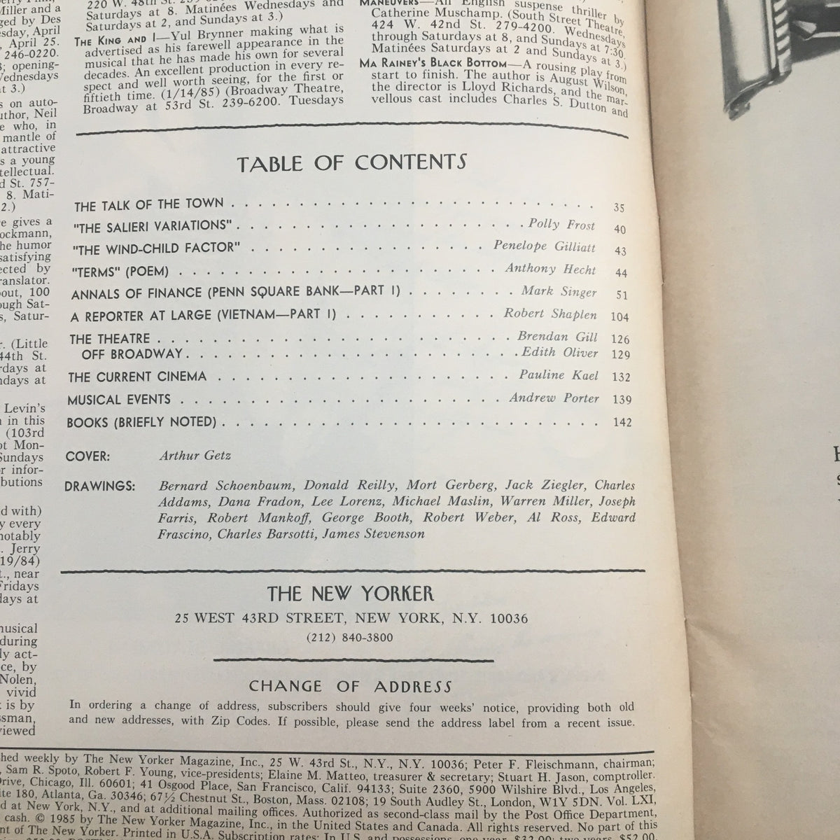 Interior page of The New Yorker Full Magazine April 22 1985 displaying the table of contents, featuring articles such as 'The Talk of the Town' and drawings by Arthur Getz.