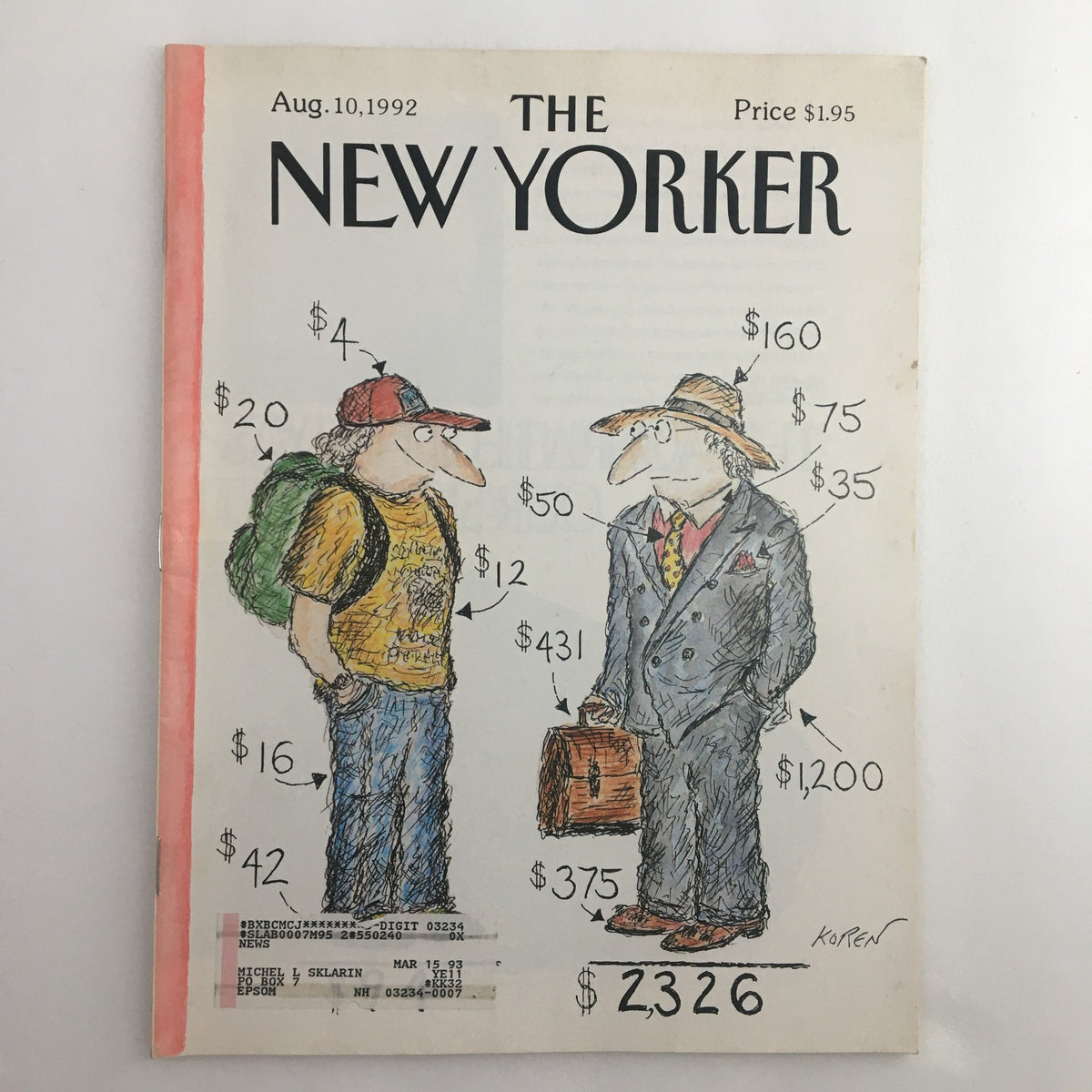 Cover of The New Yorker magazine, August 10 1992, featuring a cartoon by Edward Koren depicting two characters with a price list, showcasing unique artistic commentary and humor.