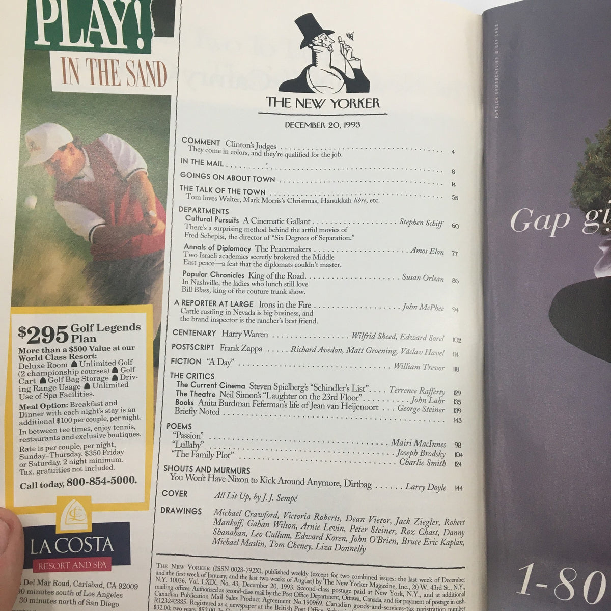 Interior page of The New Yorker Full Magazine December 20 1993 displaying the table of contents and features, highlighting articles and contributions from various writers.