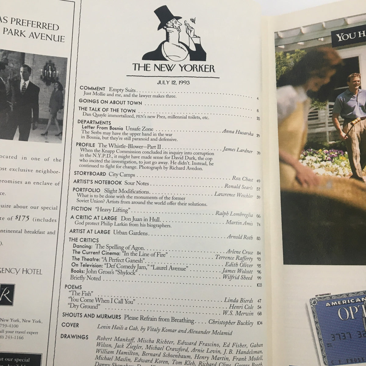 The New Yorker Full Magazine July 12 1993 interior page highlighting articles and features from that issue, including 'Lenin Hails A Cab,' underscoring the magazine's unique cultural commentary.