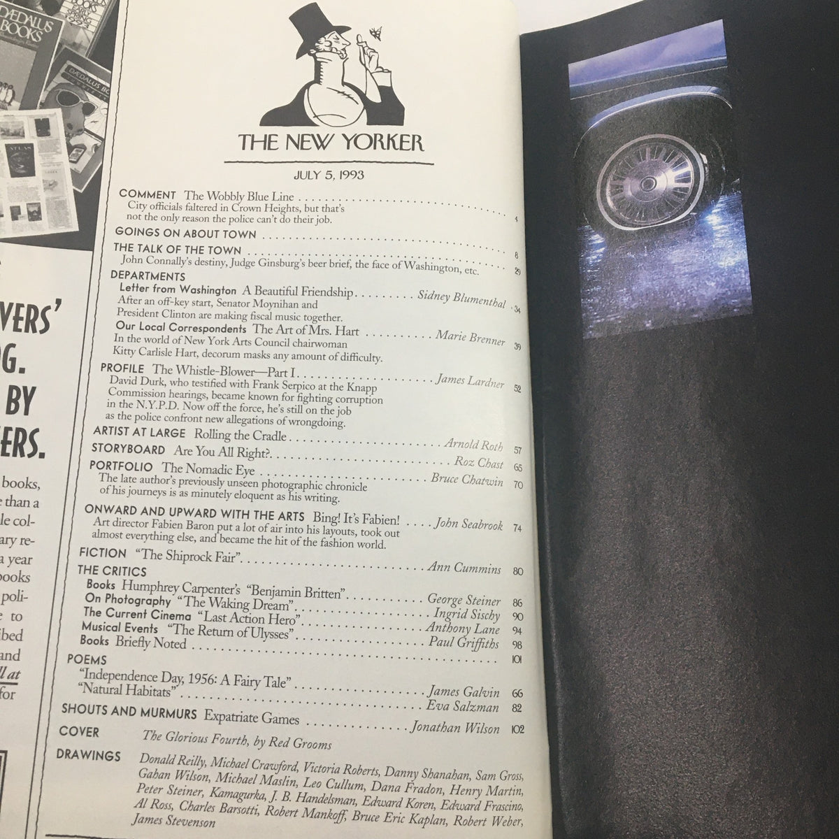 The New Yorker Full Magazine July 5 1993 interior page with contents listing articles and illustrations, showcasing the magazine's layout and design elements typical of that era.