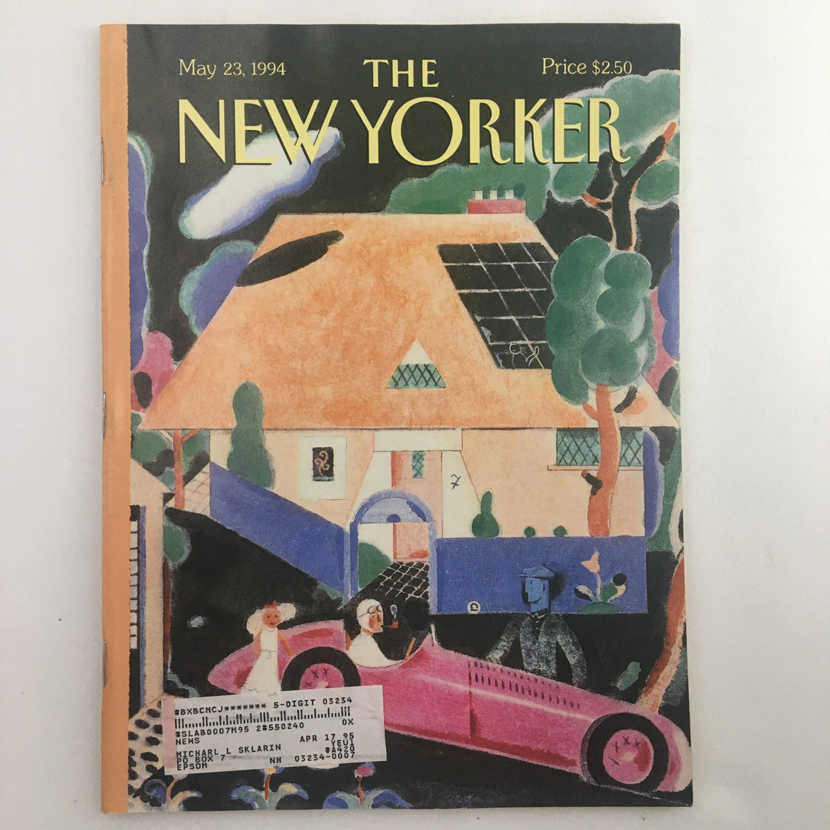 Cover of The New Yorker Magazine from May 23, 1994, featuring a colorful illustration of a house and a car, titled 'The New Yorker Full Magazine May 23 1994 A Spin in the Country by Ever Muelen.'