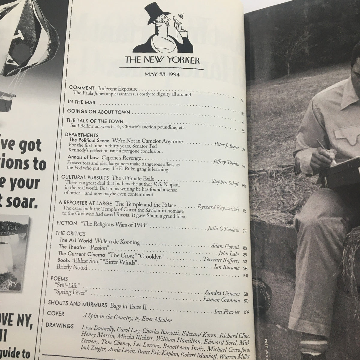 Table of contents for The New Yorker Magazine May 23, 1994, showcasing various articles and sections including 'A Spin in the Country' by Ever Muelen.