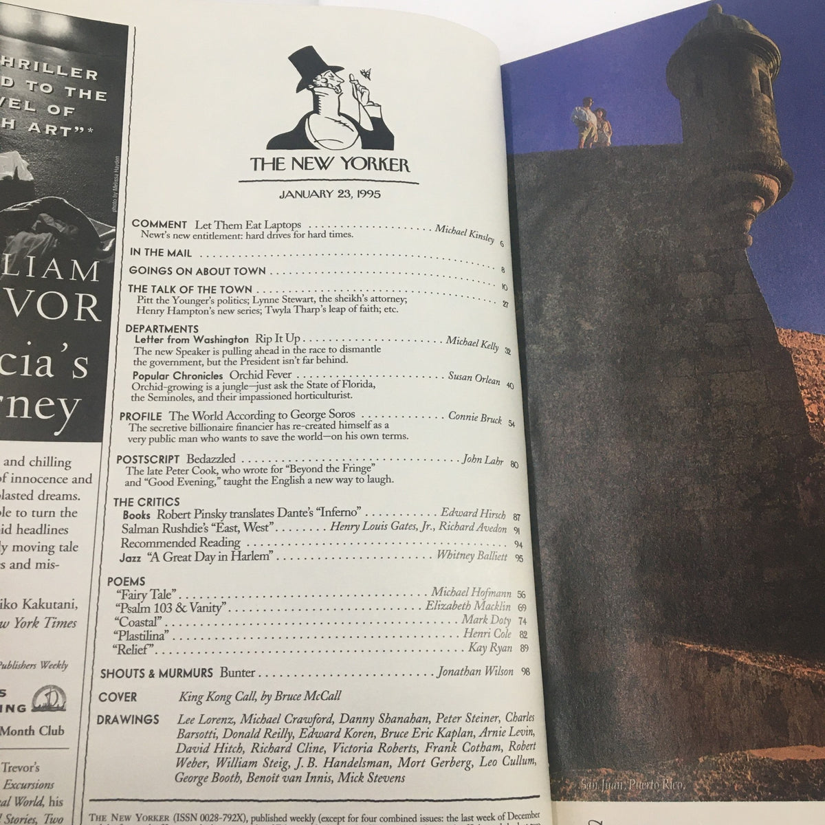 Inside page of The New Yorker Full Magazine January 23 1995 displaying the table of contents, including features like 'King Kong Call' by Bruce McCall and various articles and department highlights.