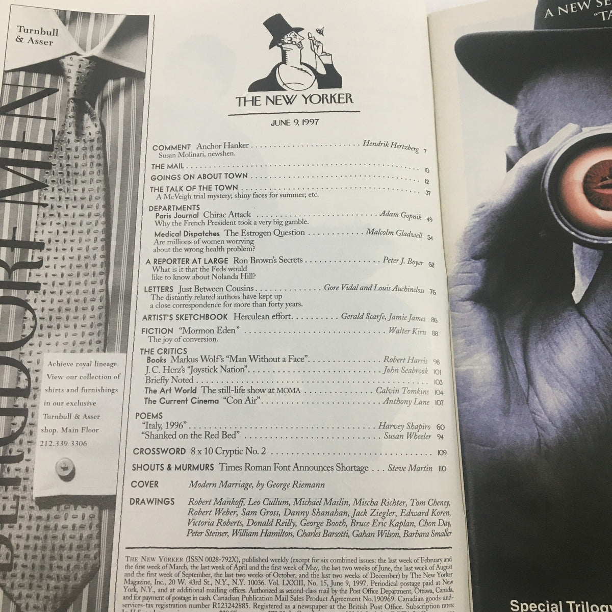 Contents page of The New Yorker Full Magazine June 9, 1997 featuring articles including 'Modern Marriage' by George Riemann, along with contributing authors and a classic illustration.