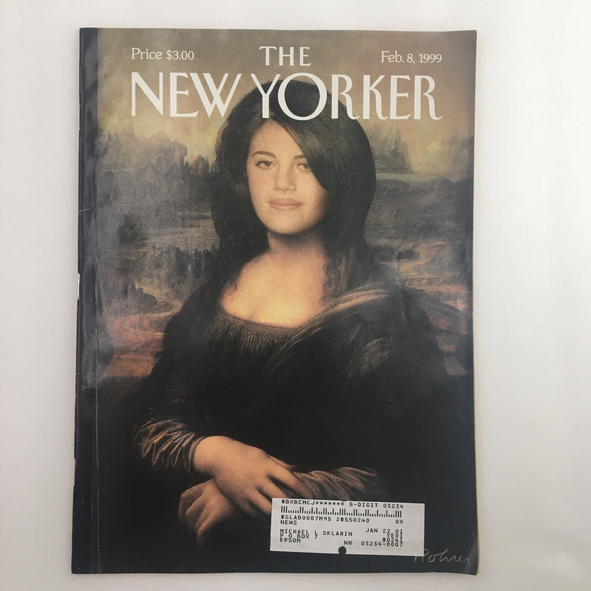 The New Yorker Full Magazine, February 8, 1999, featuring the artwork of Dean Robrer on the cover, depicting a modern reinterpretation of the iconic Mona Lisa; includes publication details and pricing.
