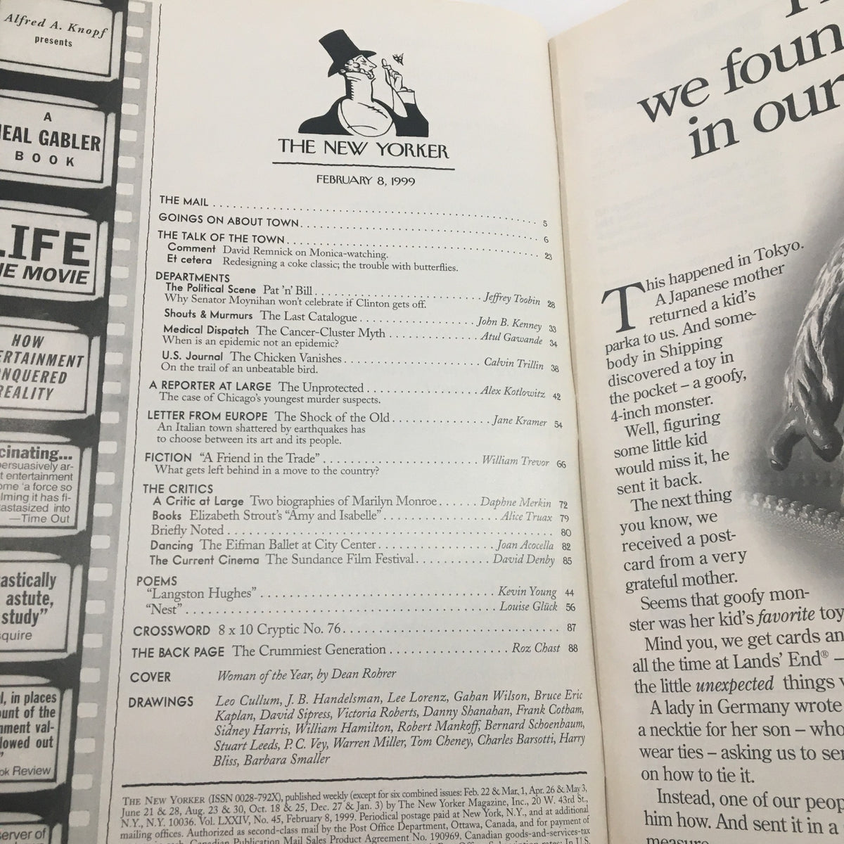 The interior page of The New Yorker Full Magazine, February 8, 1999, showcasing the table of contents and various articles, highlighting the magazine's classic layout and editorial style.