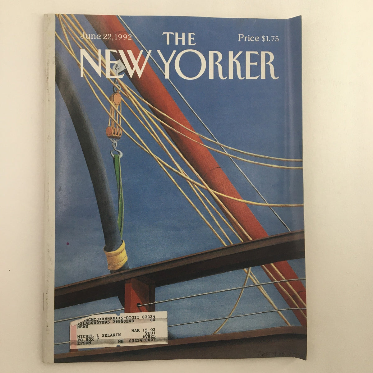 The New Yorker Full Magazine June 22, 1992, featuring a vibrant cover illustration by Gretchen Dow Simpson, showcasing colorful ship masts and rigging. The magazine is priced at $1.75 and includes an address label on the front.